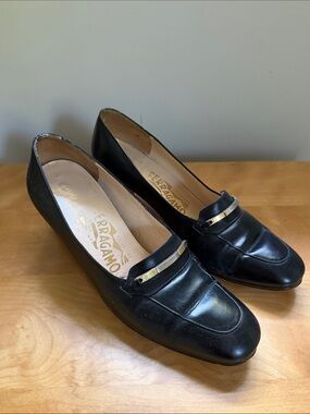 Salvatore Ferragamo Black Leather Loafers with Gold Bit